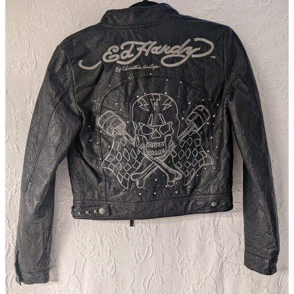 Ed Hardy by Christian Audigier Women's S Black Leather Jacket World Tour Skull - Picture 2 of 16